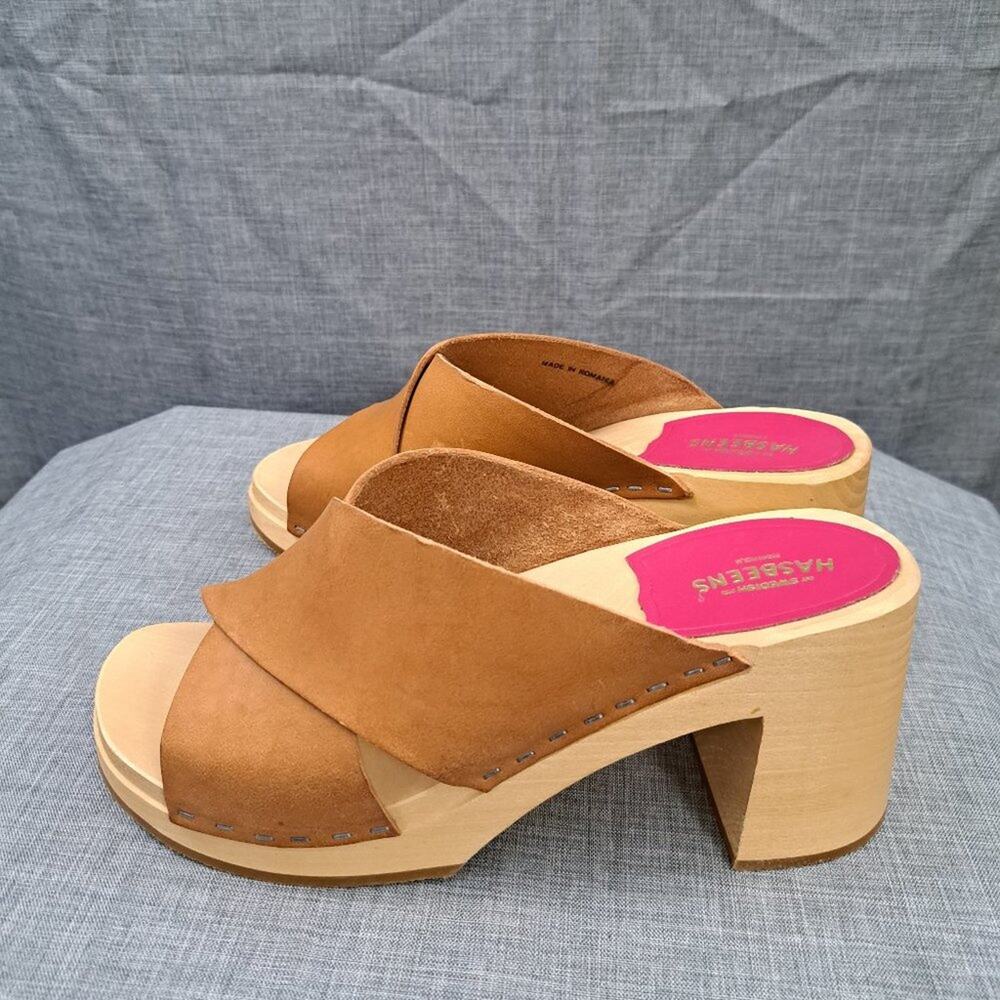 Swedish Hasbeens Tan Leather Clog Sandals with Pink Insole